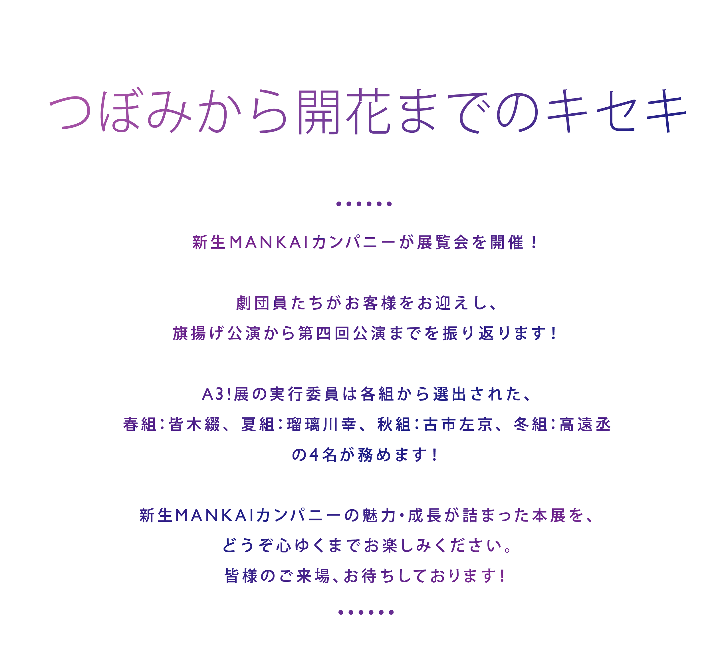 つぼみから開花までのキセキ 新生MANKAIカンパニーが展覧会を開催！劇団員たちがお客様をお迎えし、旗揚げ公演から第四回公演までを振り返ります！『A3!展』の実行委員は各組から選出された、春組：皆木綴、夏組：瑠璃川幸、秋組：古市左京、冬組：高遠丞
の4名が務めます！新生MANKAIカンパニーの魅力・成長が詰まった本展を、どうぞ心ゆくまでお楽しみください。皆様のご来場、お待ちしております！